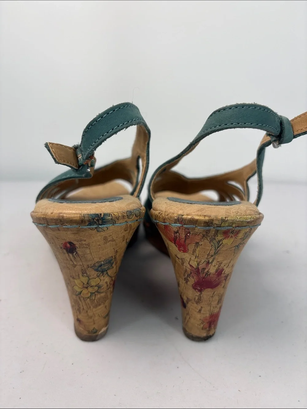 🫒 boc Teal Open-Toe Slingback Wedge Sandals with Floral Cork Heel